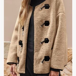 Women's Tan Teddy Sherpa Shearling Look Toggle Coat size large NWOT